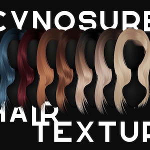 May include: A set of 8 hair textures in different colors, including blue, red, brown, blonde, and light blonde. The hair textures are displayed on mannequins with black bodies. The text "CYNOSURE HAIR TEXTURES" is displayed at the top of the image.