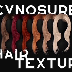 May include: Five different hair textures, including red, auburn, light brown, blonde, and platinum blonde. The hair is styled in a long, straight, and slightly wavy style. The hair is shown on a mannequin head.