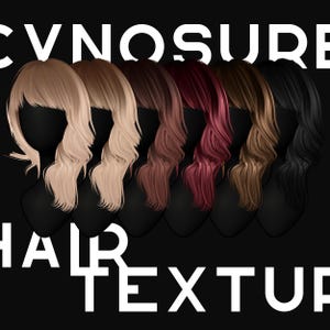 May include: Six different hair textures in various colors, including blonde, brown, red, and black. The hair is styled in a wavy, layered look. The text "CVNOSURE HAIR TEXTURE" is displayed above the hair.