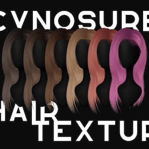 May include: Six different hair textures, including blonde, brown, light brown, pink, and red, are shown on mannequin heads. The hair is long and straight. The image is labeled "CVNOSURE HAIR TEXTURE".