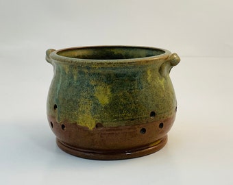 Berry Colander - Bowl - Handmade Stoneware Pottery - Matte Green and Redwood Brown