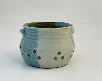 Berry Colander | Handmade Stoneware Pottery | Matte Blue and Ivory White