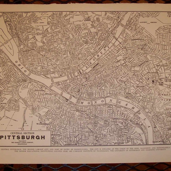 1937 City Map Pittsburgh Pennsylvania - Vintage Antique Map Great for Framing