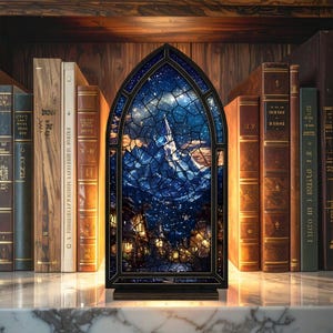 Może przedstawiać: Dekoracyjny witraż w kształcie gotyckiego łuku, przedstawiający nocną scenę z g&oacute;rą i wioską. Panel jest oprawiony w czarną ramę i stoi na marmurowej powierzchni, z antycznymi książkami w tle.