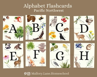 Tarjetas didácticas del alfabeto / Bosque del Pacífico Noroeste / Educación en casa