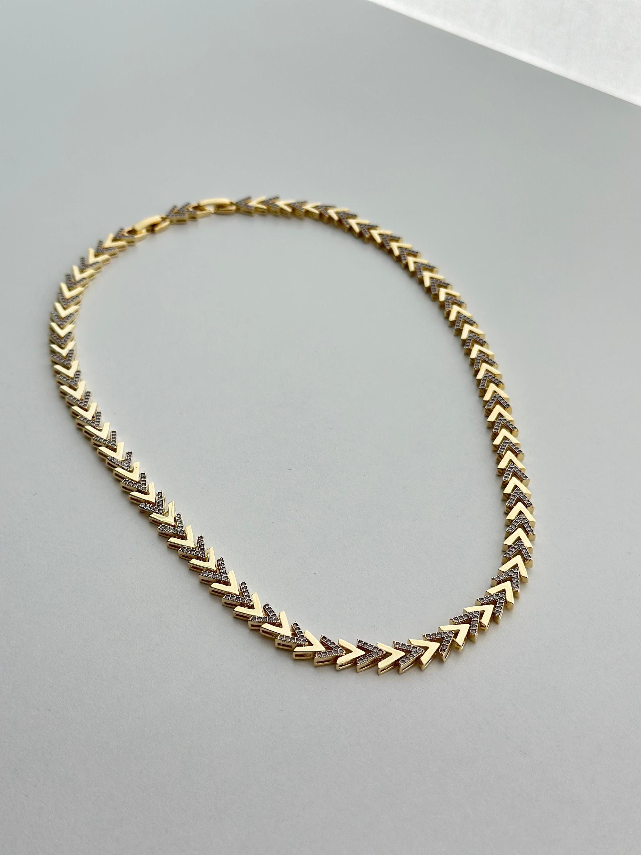Gold Chevron Necklace With Cubic Zirconia - Statement Choker for