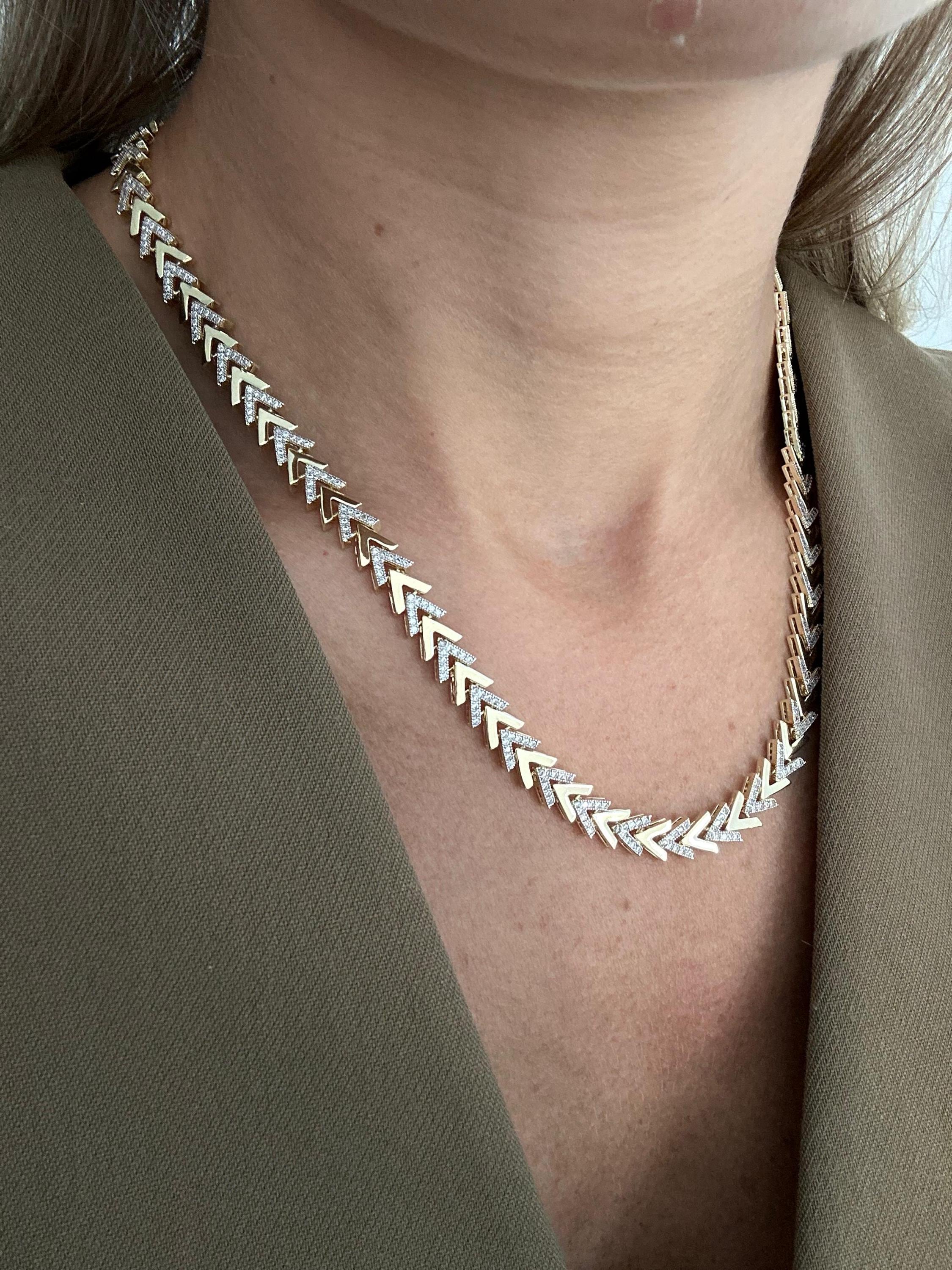 Gold Chevron Necklace With Cubic Zirconia - Statement Choker for