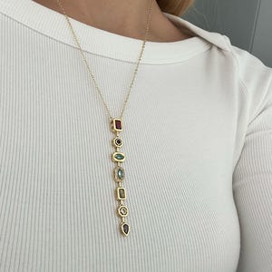 Gold Plated Vertical Pendant Necklace - Multicolor Stone Necklace For Women - Elegant Jewelry Gift - Mother&#39;s Day Gift For Her