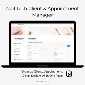 Könnte beinhalten: Ein schwarzer Laptop mit einer Benutzeroberfläche für Nagelstudio-Kunden und Terminverwaltung. Der Bildschirm zeigt ein Dashboard mit Termindetails und dem Text "Organisieren Sie Kunden, Termine und Nageldesigns an einem Ort."