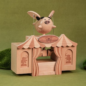 Flying Pig Music Box: Wooden Automata Mechanical Toy - Castle in the Sky