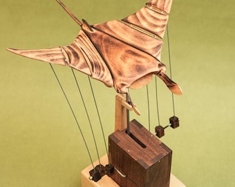 Houten Flying Manta Ray Automaton, Manta Ray Kinetic Sculpture, Manta Ray Mechanisch Speelgoed, Manta Ray Automata, Moving Manta Ray, Kerstcadeau