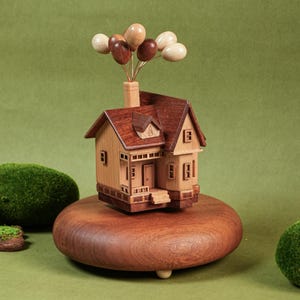 Wooden Balloon House Music Box: Handcrafted Wood Art, Plays &quot;Castle in the Sky&quot;