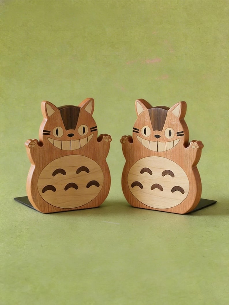 Handcrafted Totoro Wooden Bookends Decor, Wood Book Holders, Studio Ghibli Inspired Library Decor, Studio Ghibli Desk Decor, Gift for kid image 2