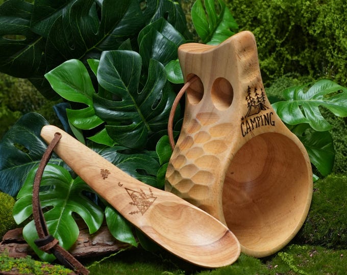 Hand-Carved Wooden Camping Spoon, Wooden Oak Kuksa Cup-Bowl, Wooden Kuksa, Traditional Scandinavian Kuksa Cup