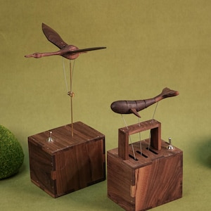 Walnut Whale & Swan Automata: Kinetic Wood Sculpture Music Box
