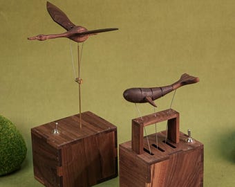 Whale Automata, Swan Automata, Automata music box, Wooden Mechanical Toy, Automaton, Moving Wooden Sculpture, Wooden Kinetic Sculpture