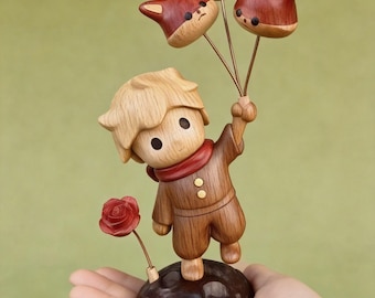 Figura de madera artesanal del Principito con globo de zorro y rosa intercambiables, regalo de recuerdo para niños, regalo de cumpleaños infantil