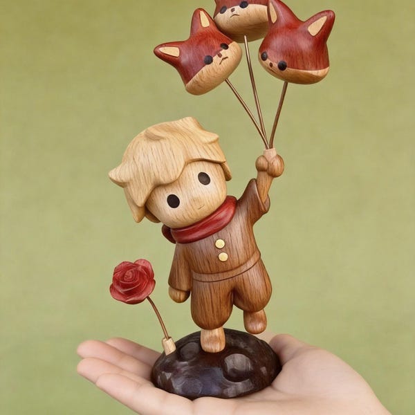 Handgefertigte Holzfigur des kleinen Prinzen mit austauschbarem Fuchsballon und Rose, Erinnerungsgeschenk für Kinder, Kindergeburtstagsgeschenk