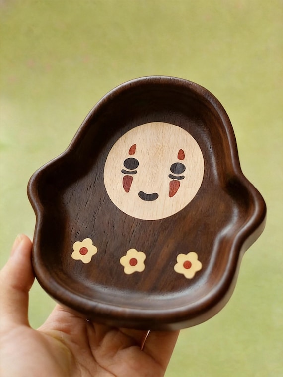 Handcrafted No Face Wooden Storage Tray,Spirited Away Inspired Catchall Tray,Studio Ghibli Gift,Whimsical Kaonashi Trinket Bowl,Gift for kid