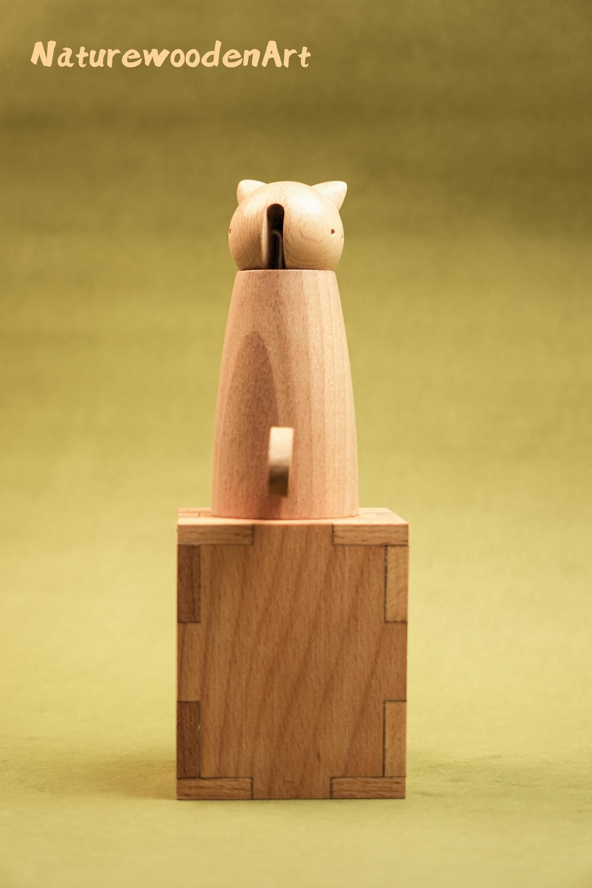 Wooden Cat Automaton Playing With Ball, Cat Automata, Kinetic Cat