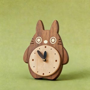 Handcrafted Wooden Totoro Clock, Silent Non-Ticking Ghibli Inspired Desk & Wall Clock, Studio Ghibli Fan Gift, Wood Clock for Desk image 2
