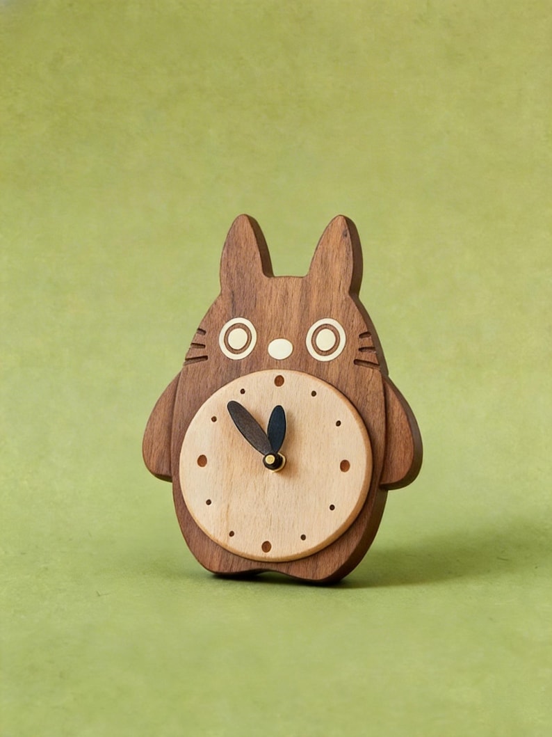 Handcrafted Wooden Totoro Clock, Silent Non-Ticking Ghibli Inspired Desk & Wall Clock, Studio Ghibli Fan Gift, Wood Clock for Desk image 2