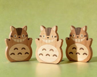 Sujetalibros de madera de Totoro hechos a mano, decoración, soportes para libros de madera, decoración de biblioteca inspirada en Studio Ghibli, decoración de escritorio de Studio Ghibli, regalo para niños