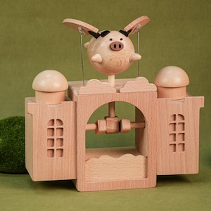 Flying Pig Castle Music Box: Beechwood Automata Toy, Plays &quot;Castle in the Sky&quot;