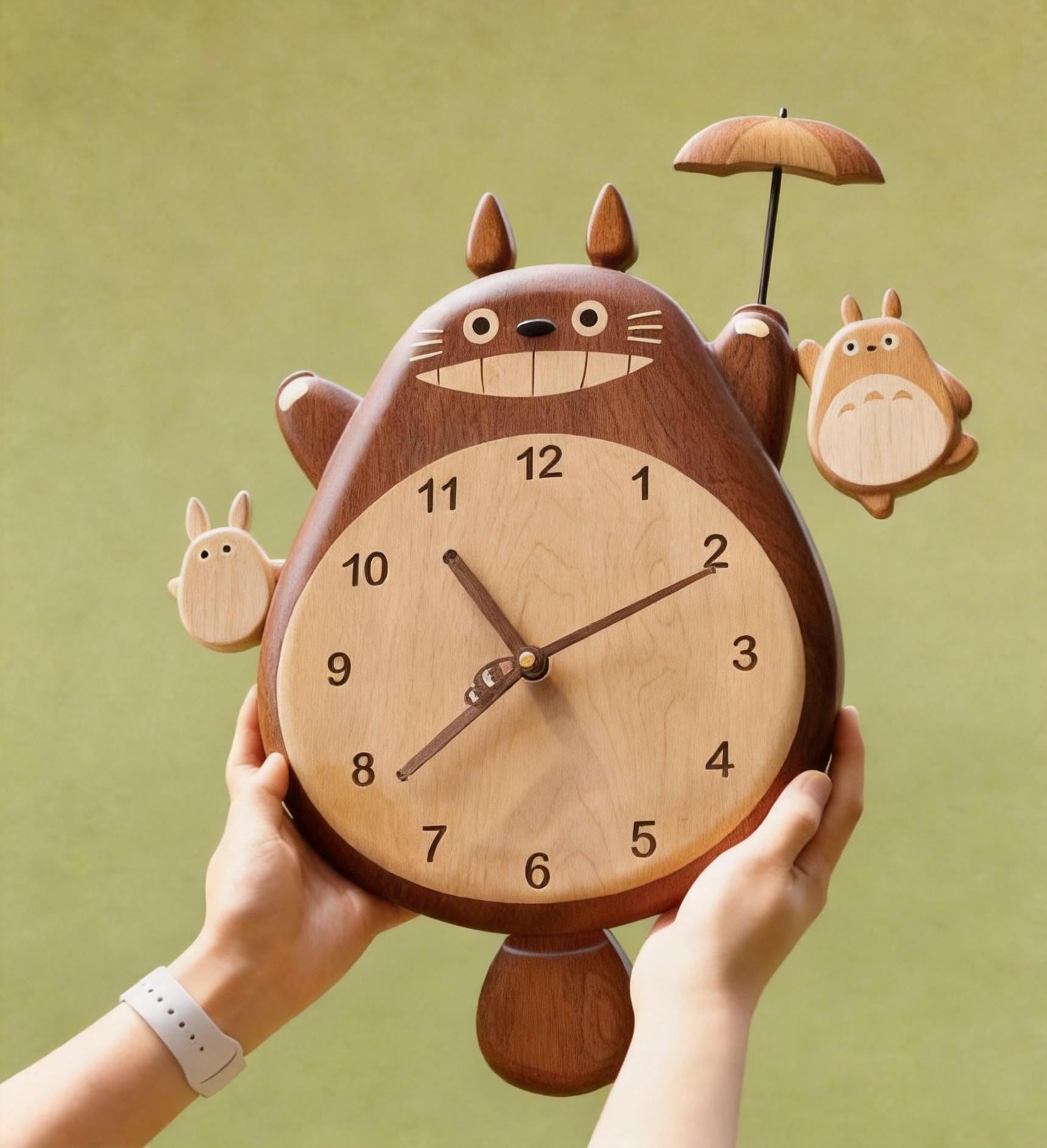 Handcrafted Totoro Wooden Wall Clock With Umbrella, Children's