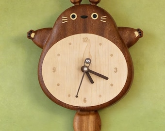 Handcrafted Totoro Wooden Wall Clock, Swinging Tail Pendulum Clock, Studio Ghibli Inspired Kids Room Clock, Studio Ghibli Fan Gift