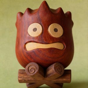 May include: A handcrafted wooden figure with a surprised expression. The figure is reddish-brown with light-colored eyes and mouth. It sits atop a cross-shaped base made of darker wood, resembling a campfire.