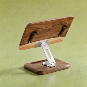 May include: A wooden tablet or book stand featuring a dark walnut wood rectangular base and a matching adjustable back panel. The stand includes a silver-colored metal support arm and two black metal clips attached to the back panel for holding items.