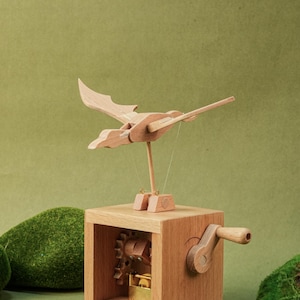 Handmade Wooden Flying Bird Music Box-Personalized automata sculpture,Hand Crank Mechanical Toy,automaton music box,Dragon Figurine,Automata