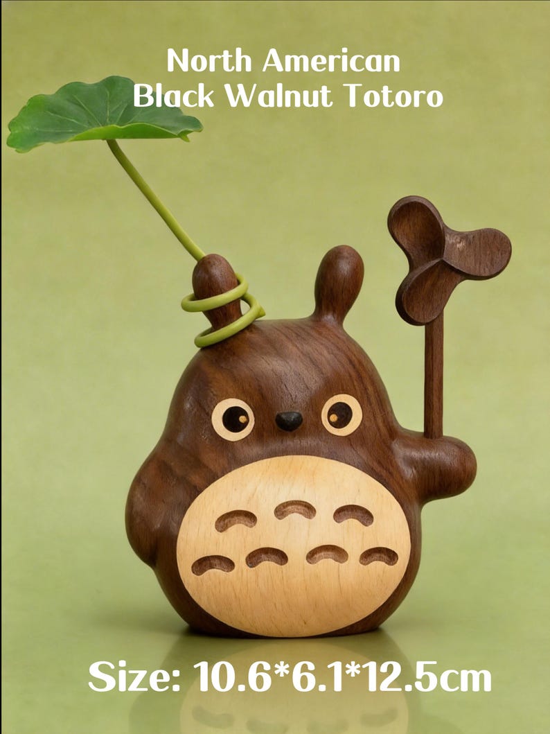 Figuritas de Totoro de madera hechas a mano, Totoro cinético con molino de viento, escultura de escritorio inspirada en Studio Ghibli, regalo para fans de Studio Ghibli Black Walnut Totoro