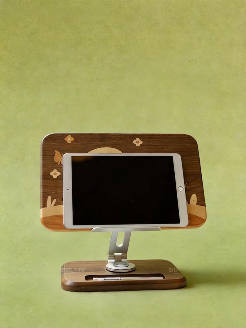 May include: A tablet mounted on an adjustable silver metal stand with a dark wood back panel featuring light wood inlays of flowers and a butterfly. The base is made of dark wood with a horizontal slot containing a white stylus pen.