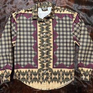 Vintage Roughrider plaid and Aztec concho button up women’s Medium, vintage western, retro western, button up , rodeo shirt, button up