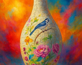 3D Great Tit Among Peonies Puzzle Vase, DIY 3D Jigsaw Flower Vase, Modern House Warming Decor, 3D Assembly Art Vase, Fun Craft Gift for Kids