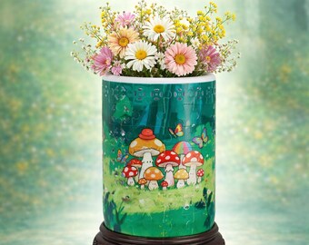 Enchanted Mushroom Garden LED Puzzle Vase, DIY Jigsaw Vase & Pen Holder, Modern Housewarming Decor, 3D Assembly Art, Fun Craft Gift for Kids