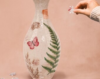 3D Delicate Red Butterfly Puzzle Vase, 160 pieces DIY Flower Jigsaw Vase, Unique Home Decoration, House Warming Gift, Fun Craft Gift for Kid