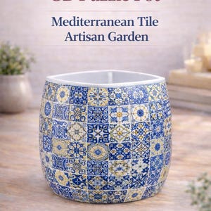 May include: A 3D Puzzle Pot with a Mediterranean tile design. The pot features a square shape with a white interior and is adorned with blue and yellow patterned tiles. The text "3D Puzzle Pot" and "Mediterranean Tile Artisan Garden" are visible.