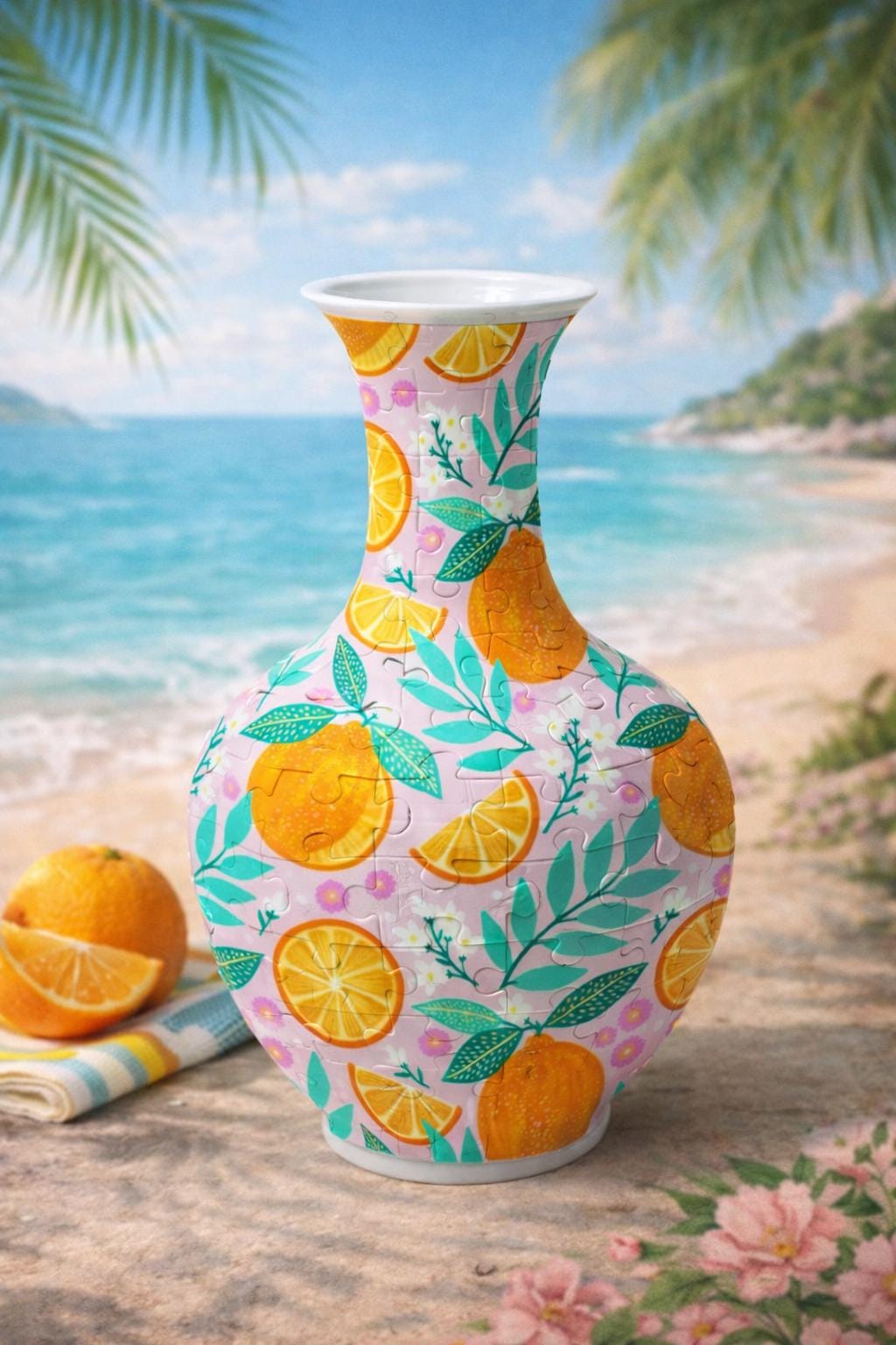 3D Summer Orange Party Puzzle Vase, Gourd Shape Vase, Unique DIY