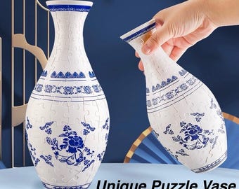 3D Blue-and-White Porcelain Puzzle Vase, DIY 3D Jigsaw Flower Vase, Modern House Warming Decor, 3D Assembly Art Vase, Fun Craft Gift for Kid