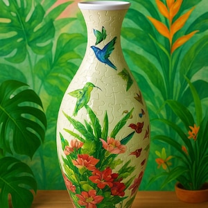 May include: A decorative vase with a cream background and a floral and hummingbird design. The vase features red flowers, green leaves, and blue and green hummingbirds. The vase is approximately 30 cm tall.
