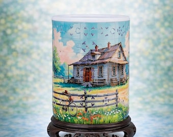 Tranquil Cottage Landscape LED Puzzle Vase, DIY Jigsaw Vase & Pen Holder, Modern Housewarming Decor, 3D Assembly Art, Fun Craft Gift for Kid