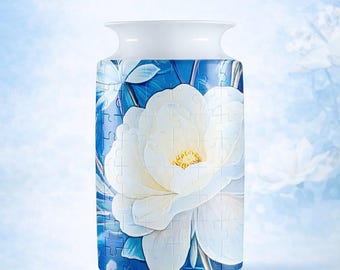 Ivory Bloom Azure 3D Puzzle Vase, DIY Floral Jigsaw Flower Vase, Modern House Warming Decor, 3D Assembly Art Vase, Fun Craft Gift for Kids