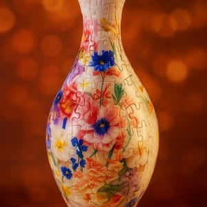 以下が含まれることがあります： ピンク、青、黄色の花柄の白いパズル花瓶。花瓶は底が広く、首が細い。背景はぼやけたオレンジ色です。