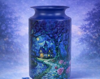 Midnight Cottage Dream 3D Puzzle Vase, DIY Cute Jigsaw Flower Vase, Modern Housewarming Decor, 3D Assembly Art Vase, Fun Craft Gift for Kids
