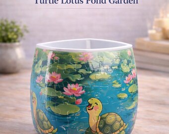 3D Turtle Lotus Pond Garden Puzzle Pot, DIY Jigsaw Planter, Desktop Pen Holder, DIY Assembly Pot, Housewarming Decor, Fun Craft Gift for Kid