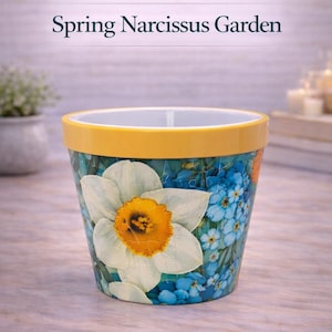May include: A ceramic flower pot with a yellow rim and a floral design. The pot features a large white daffodil with a yellow center, surrounded by blue flowers. The text "Spring Narcissus Garden" is visible.