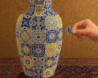 3D Mediterranean Tile Design Puzzle Vase with Stand – Unique DIY Home Decor Gift for Flowers Display, House Warming Gift, 3D Assembly Art